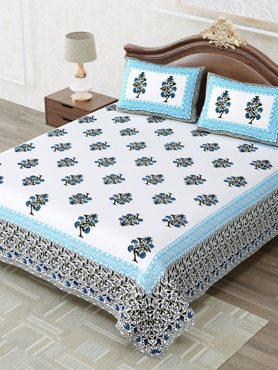 Buy MAFATLAL Blue & White Ethnic Motifs 210 TC Queen Bedsheet With 2