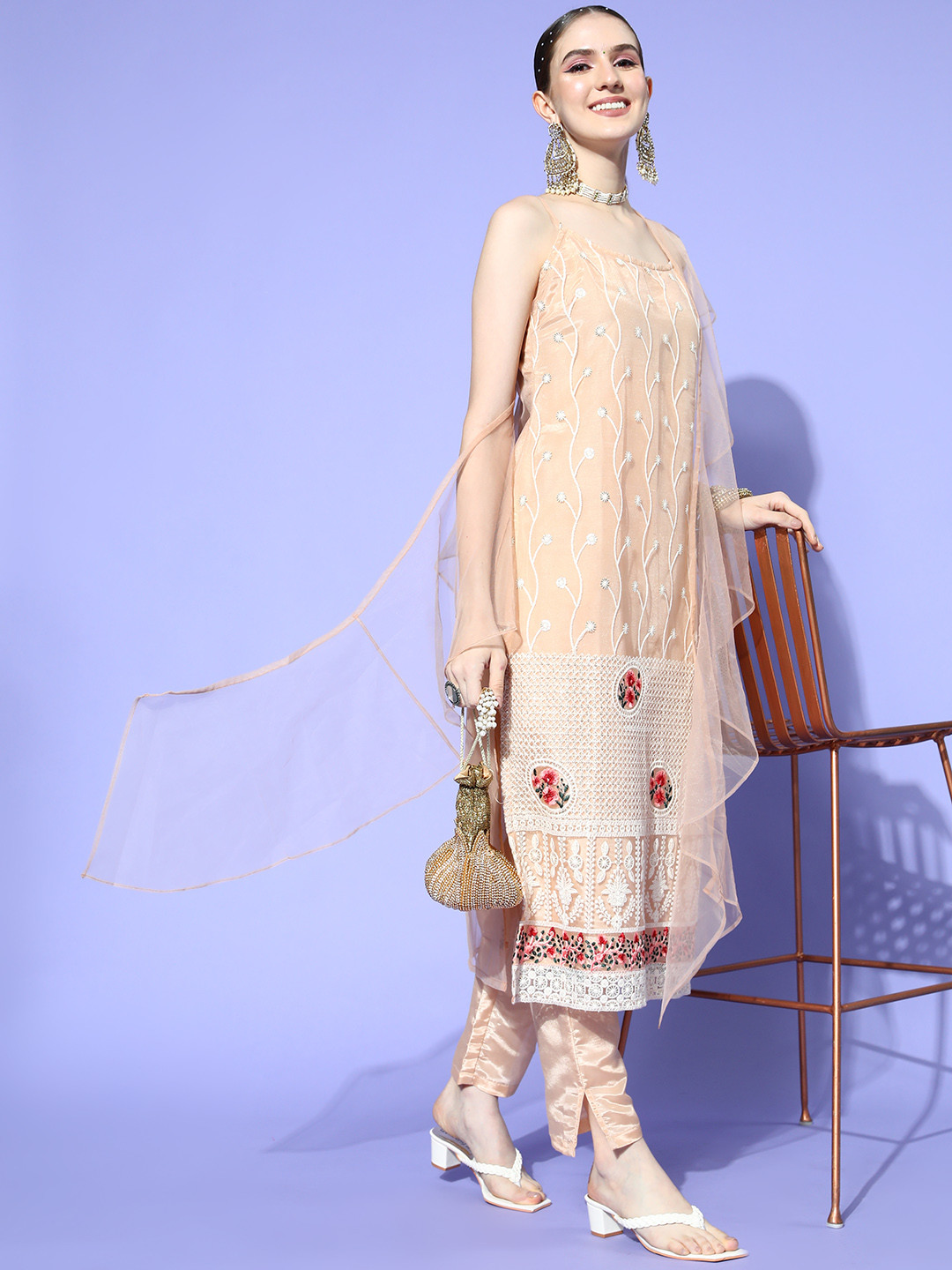 Women Peach Embroidered Straight Kurta Trousers With Dupatta Set