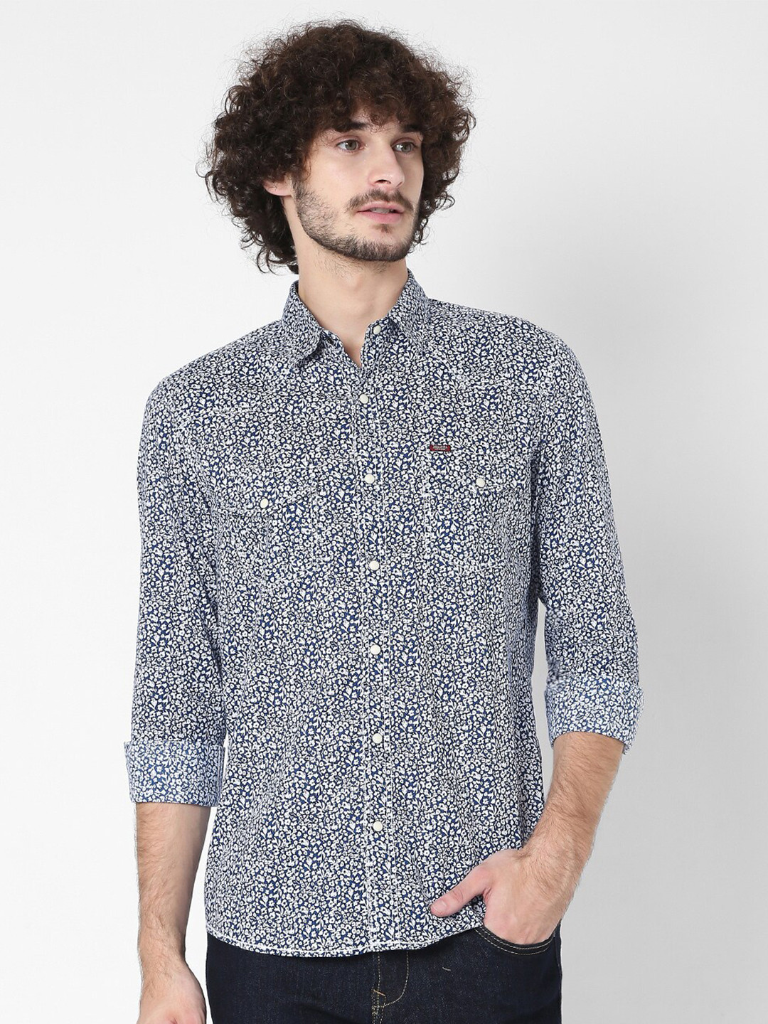 Men's Navy Blue Slim Fit Floral Printed Cotton Casual Shirt main image 0