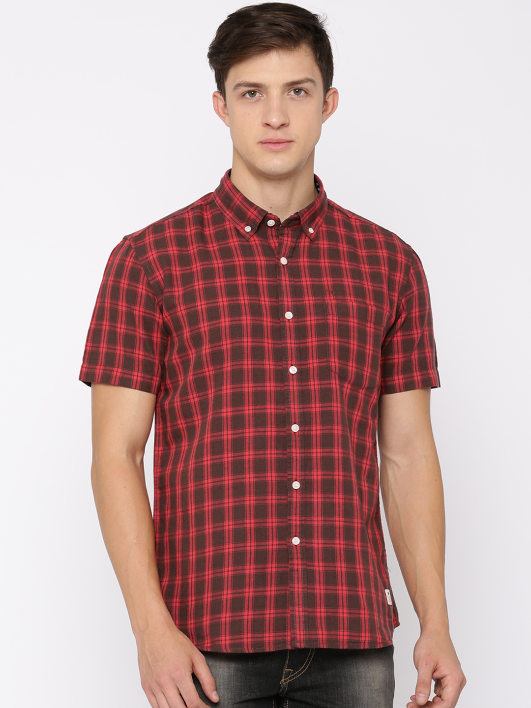 Buy Flying Machine Men Brown & Red Regular Fit Checked Casual Shirt ...