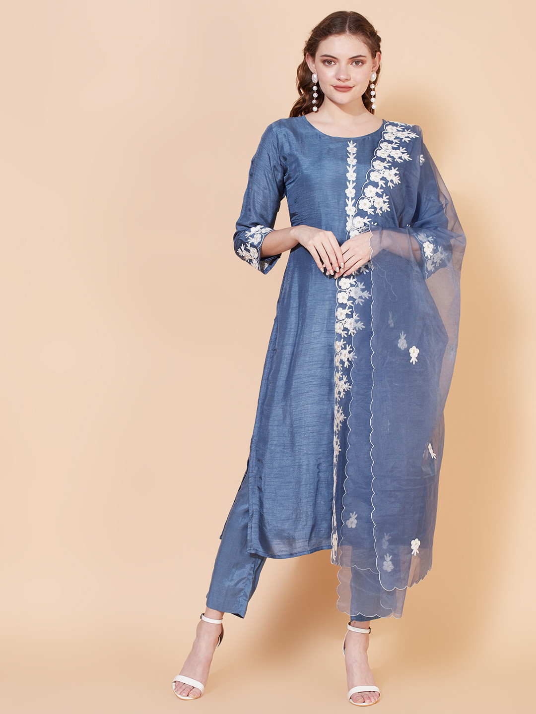 Women Floral Embroidered Empire Thread Work Dhabu Cotton Kurta Pant With Dupatta-KS-268 main image 1