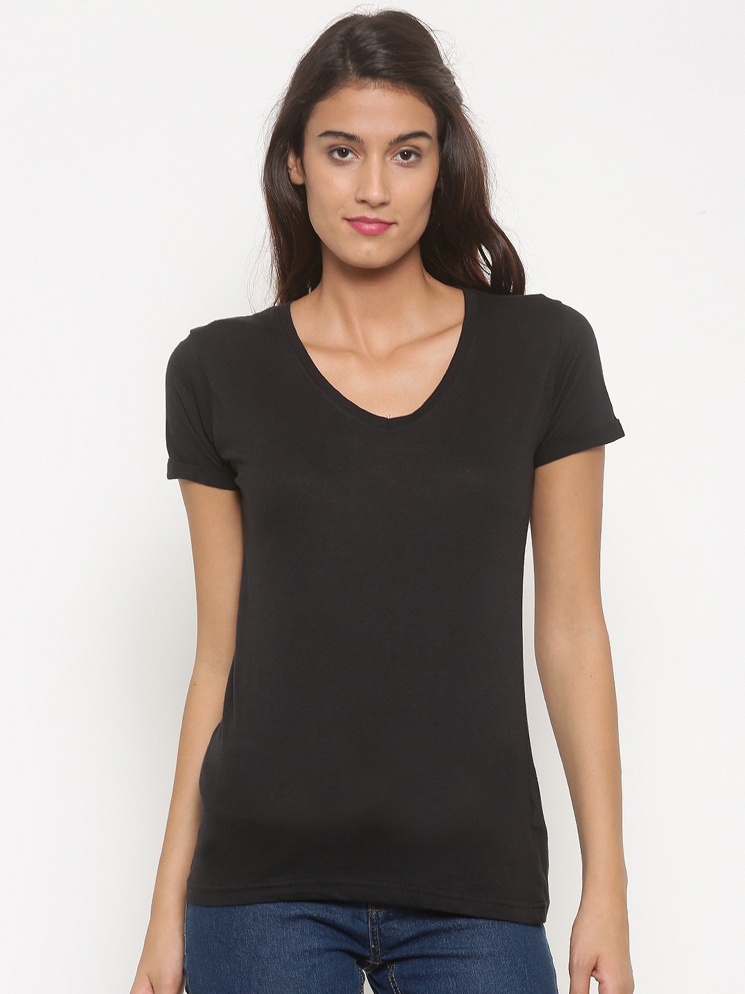 Buy Pink Woman Women Black Solid V Neck Pure Cotton T Shirt - Tshirts ...