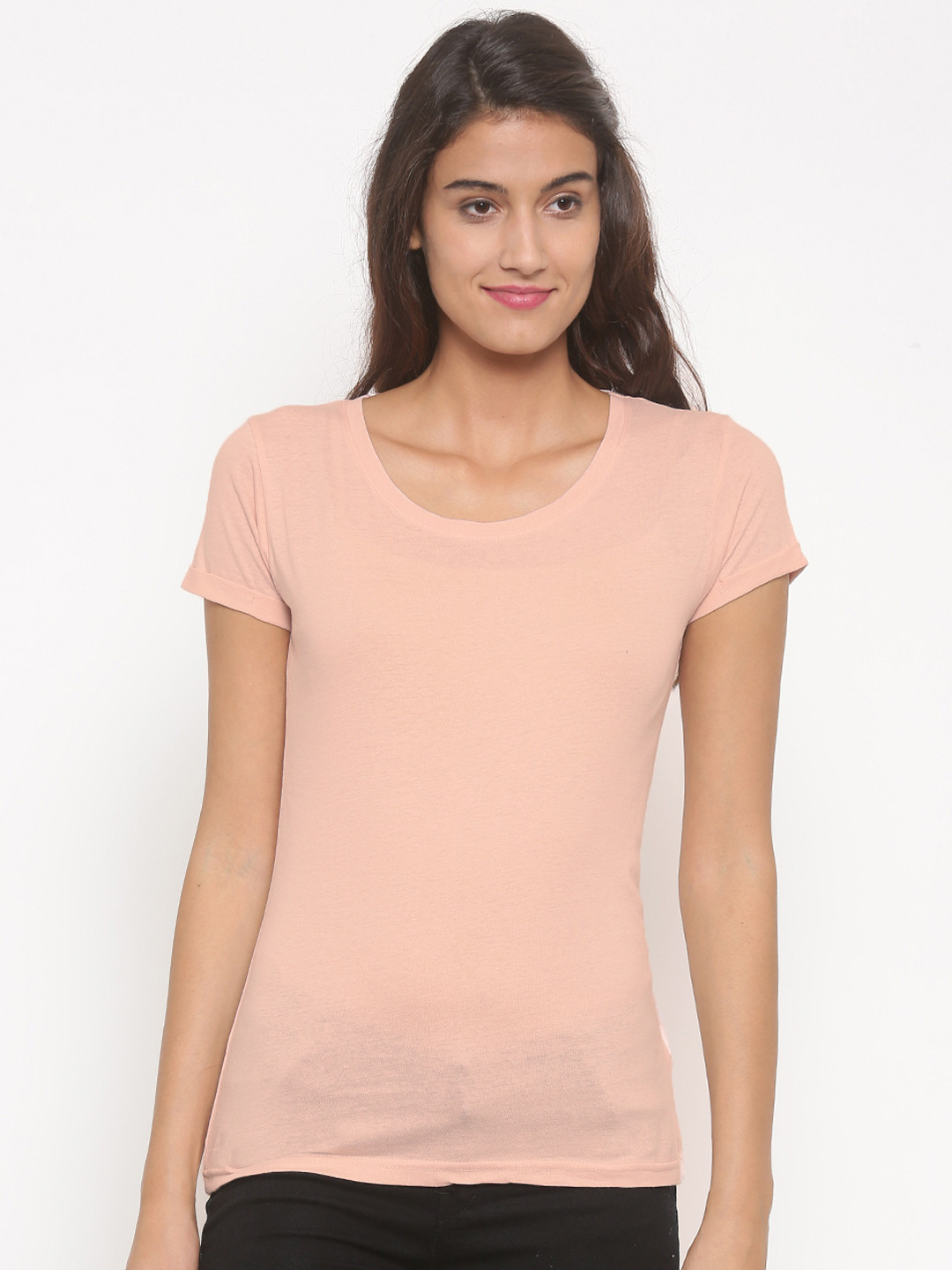 Buy Pink Woman Women Pink Solid Round Neck Pure Cotton T Shirt