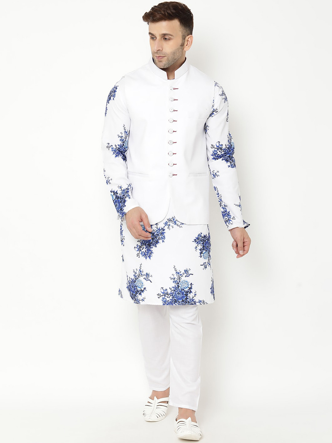 Buy Men’s Floral Embroidered White Kurta Set with Sequins & Pyjamas - Indiaista