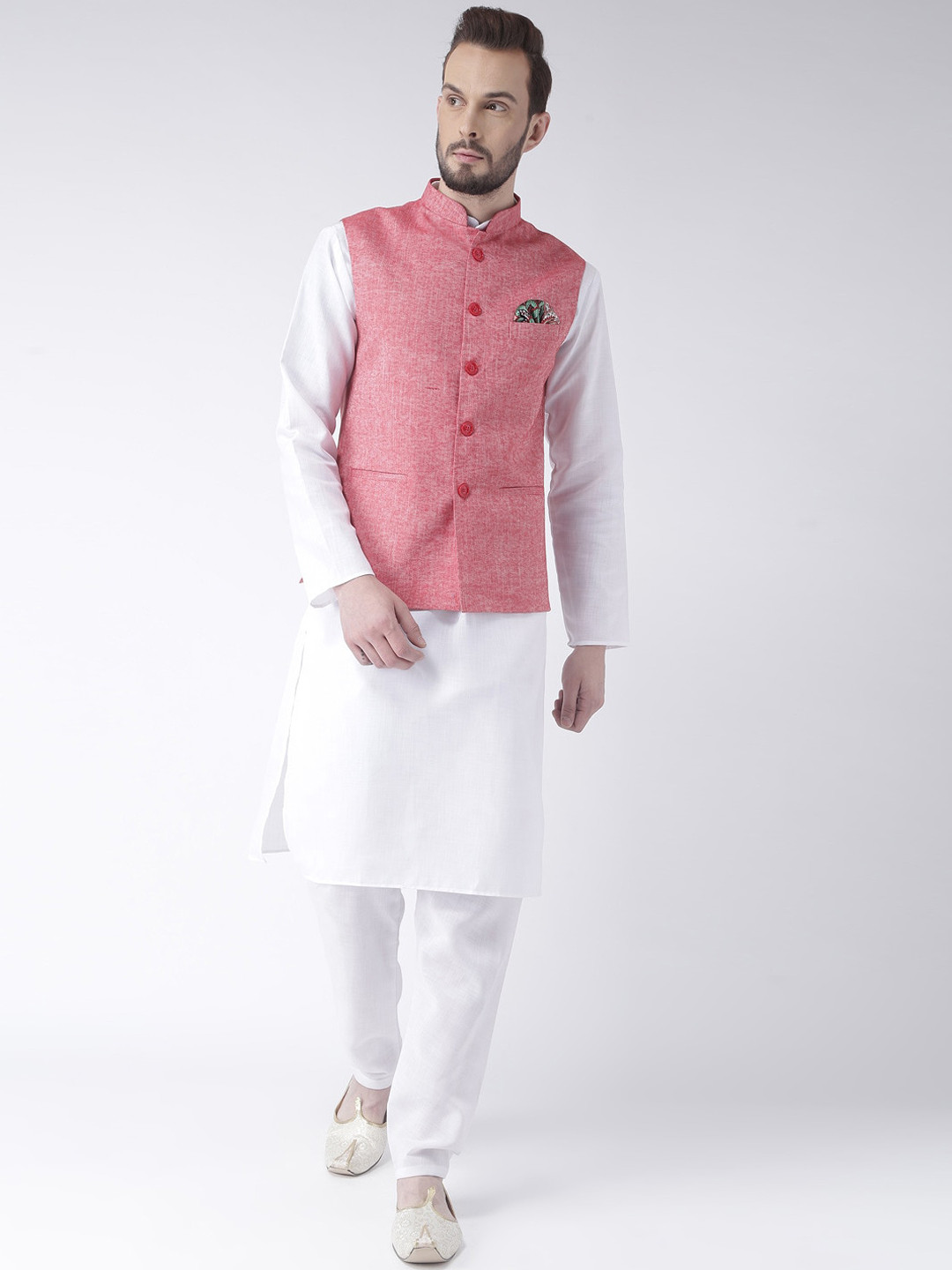 Royal Kurta Pyjama Uomo In Puro Cotone Bianco - Taglio Regolare Comodo, Colletto Cinese, Lunghezza Al Ginocchio, Prodotto In India - 2