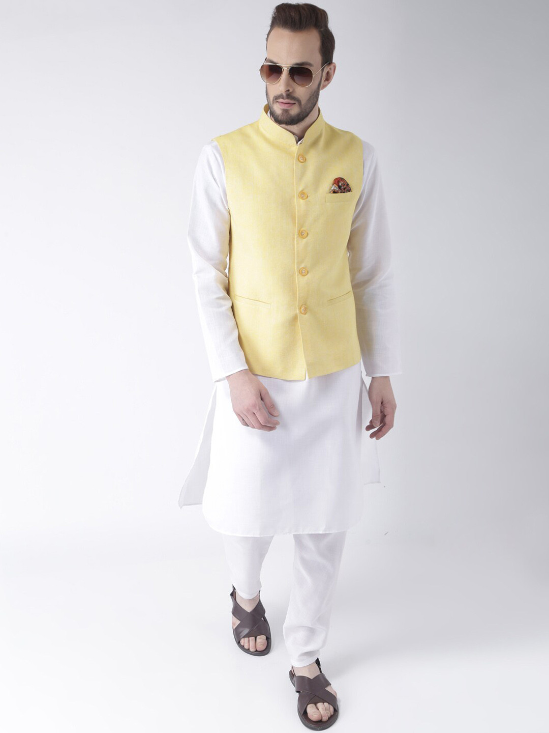 Men off-White Solid Kurta Pyjama with  Grey Embroidered Nehru Jacket