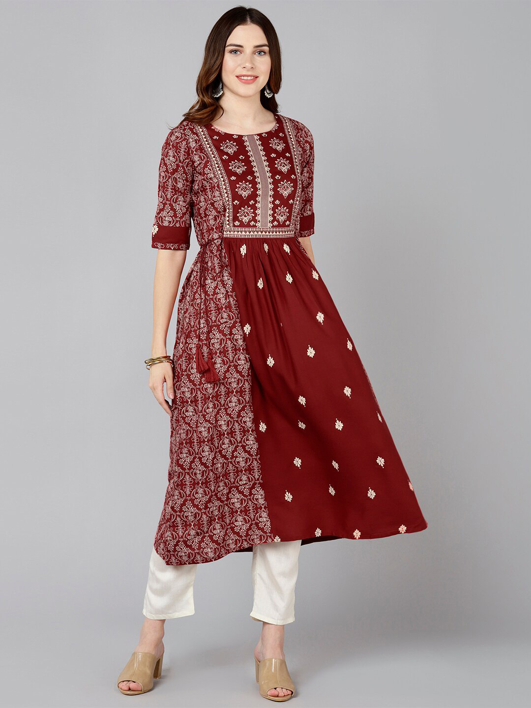 Bani Women's Flower Print Kurti - Viscose Straight Cut, Calf Length, 3/4 Sleeves For Casual & Festive Wear