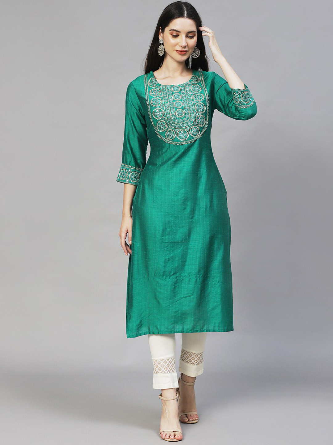Emerald Green Cotton Kurti with Embroidered Yoke