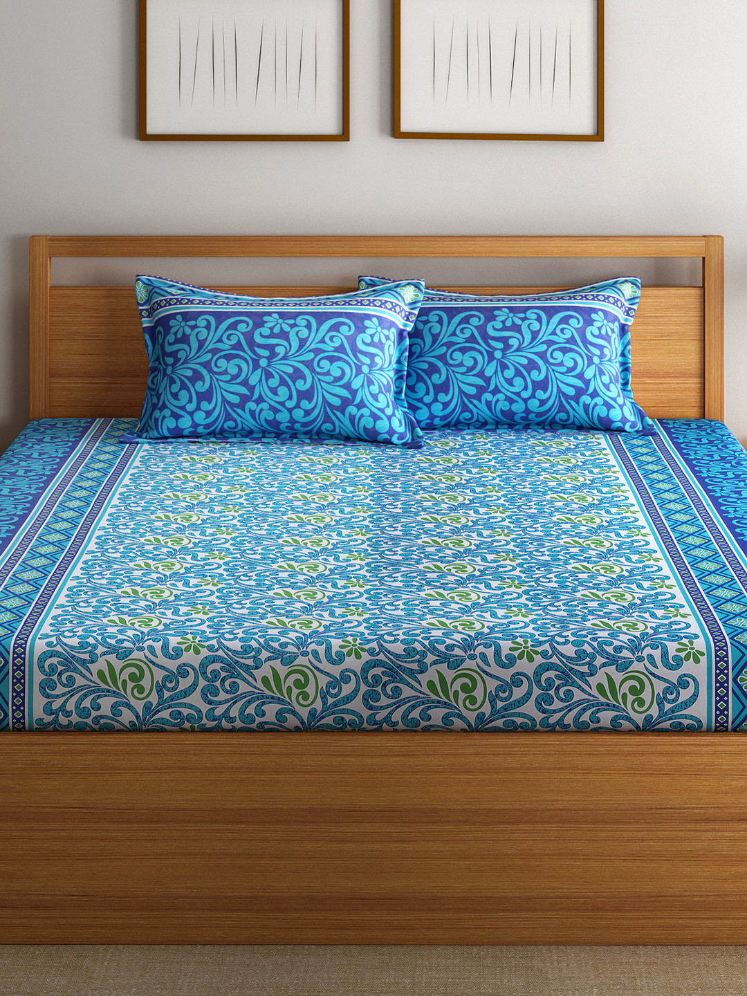 Buy Swayam Eco Blue Cotton 144 TC Double Bedsheet With 2 Pillow Cover Bedsheets for Unisex