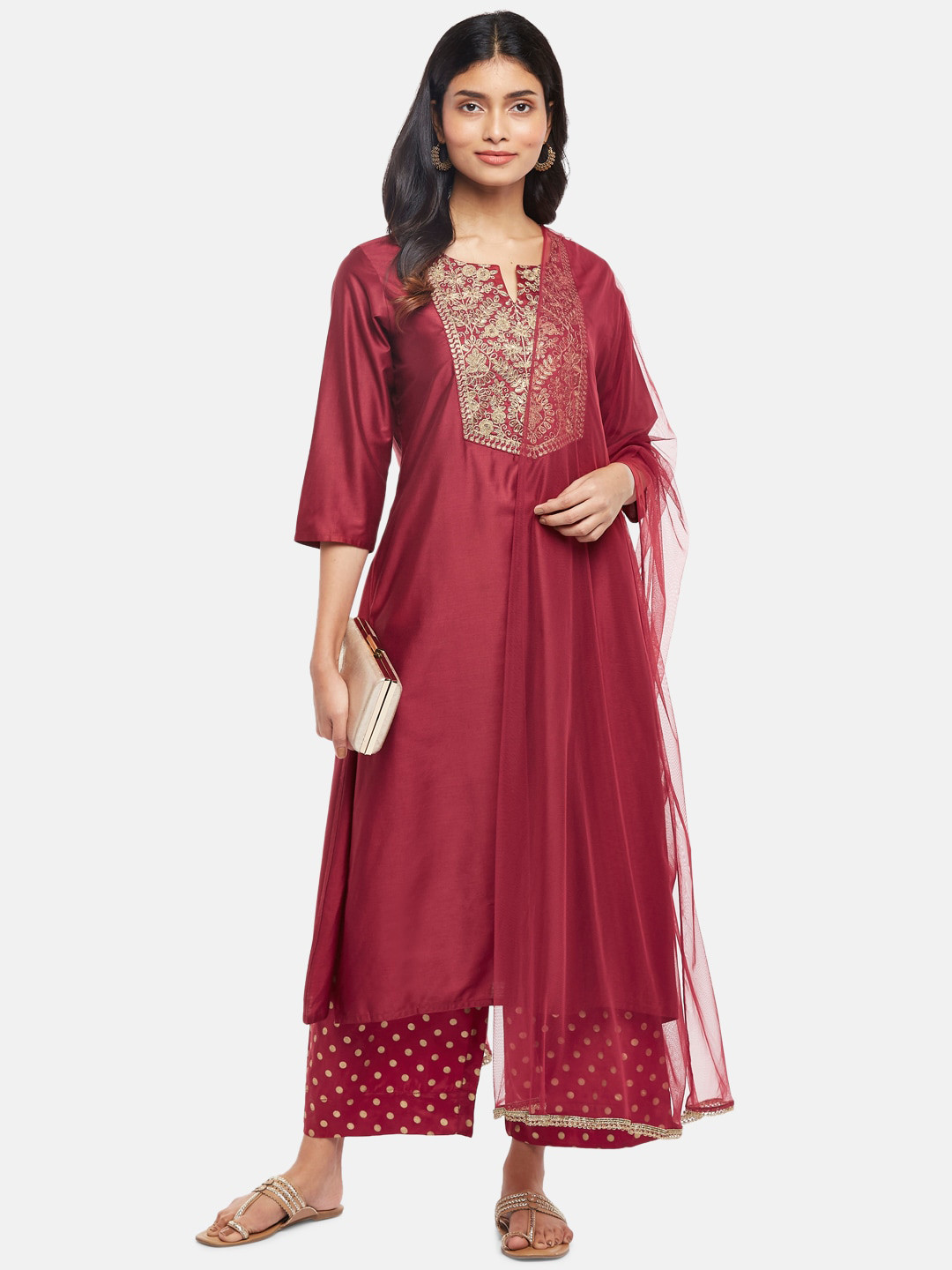 Women Pure Cotton Printed Maroon Kurta With Pant And Dupatta