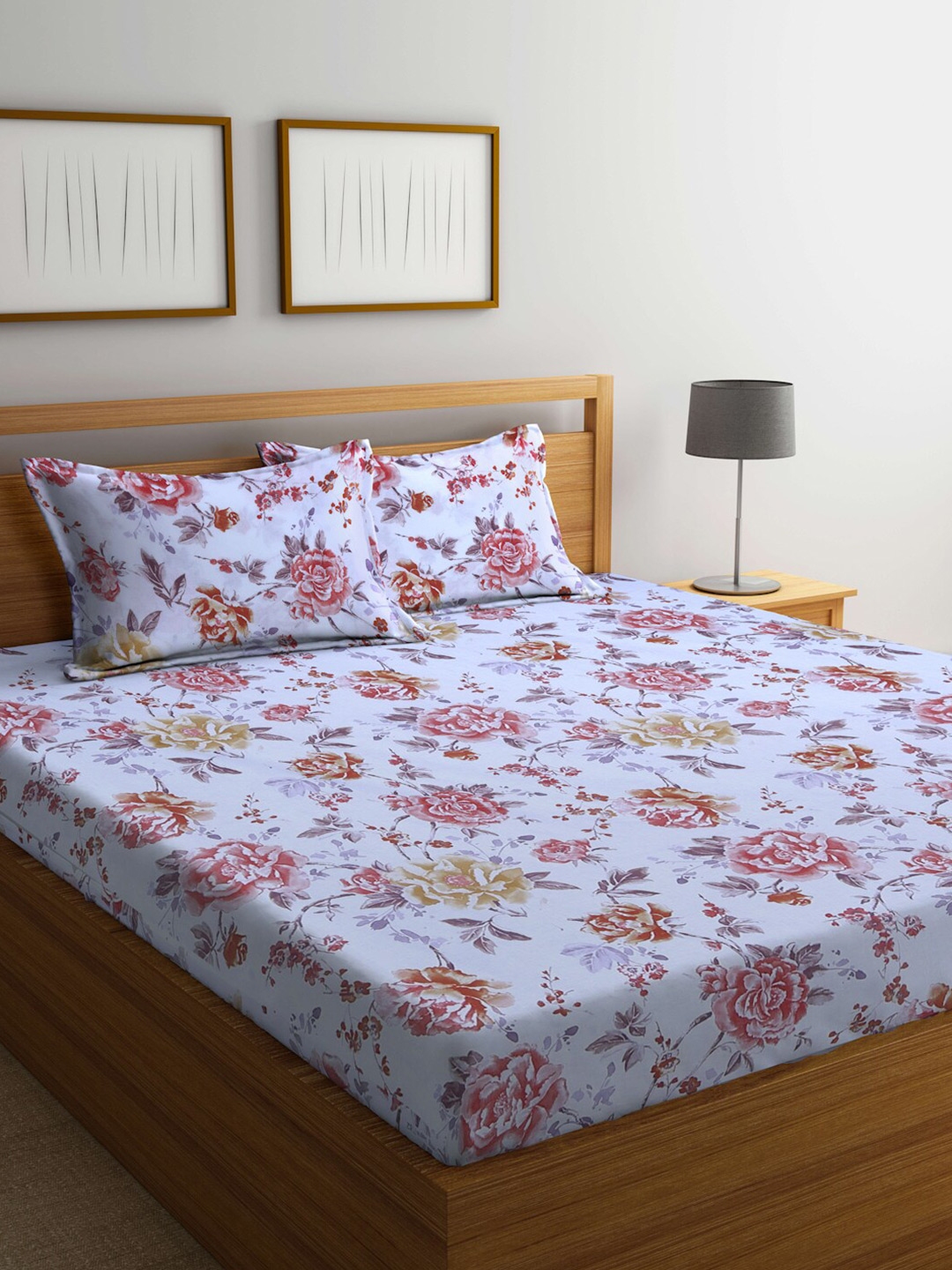 Buy BOMBAY DYEING Floral 144 TC Cotton Queen Bedsheet With 2 Pillow