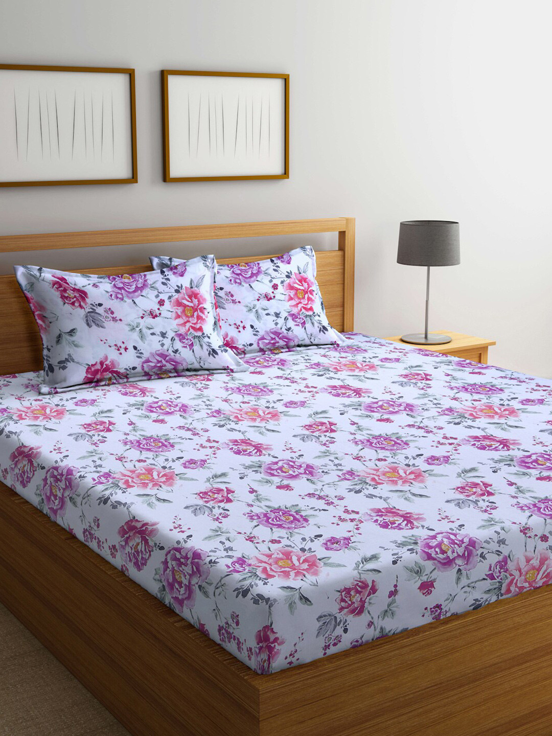 Buy BOMBAY DYEING Floral 144 TC Cotton Queen Bedsheet With 2 Pillow