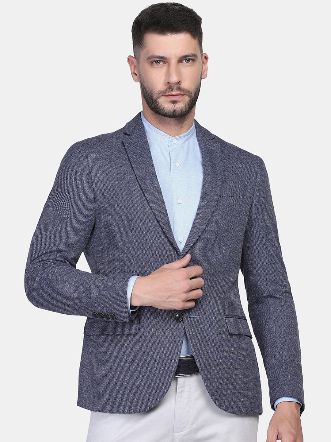 Men's Blue Solid Single-Breasted Slim-Fit Blazer