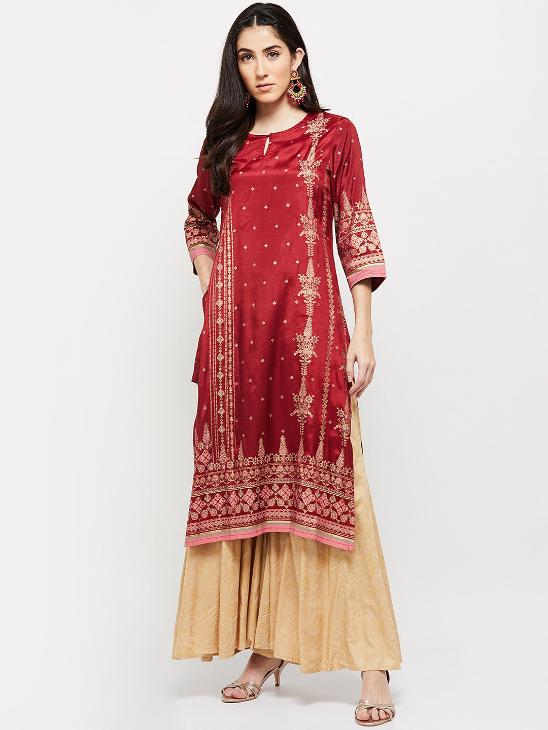 Women's Red Ethnic Motif Printed Thread Work Straight Kurta