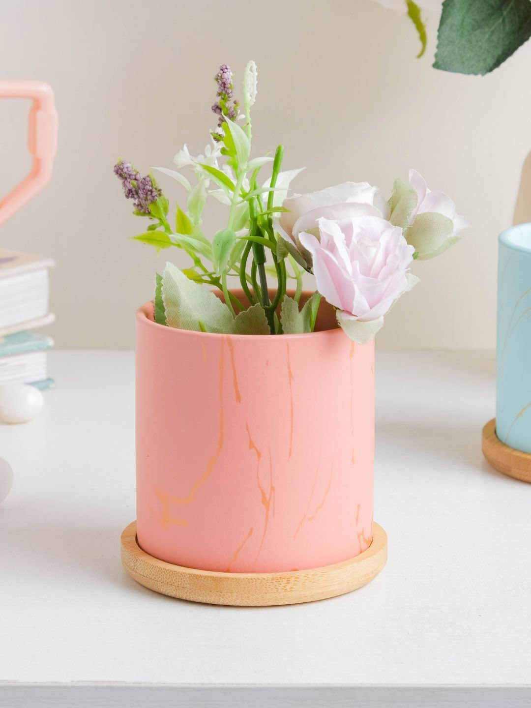 Buy Nestasia Peach Colored Solid Ceramic Planters With Coasters