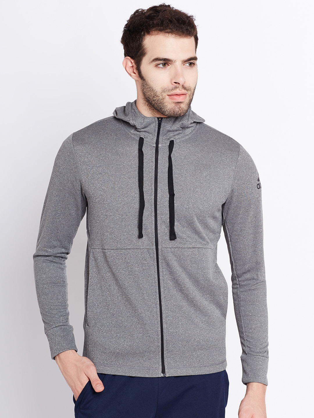Buy ADIDAS Men Grey Melange Workout FullZip Lite Hooded Sporty Jacket ...