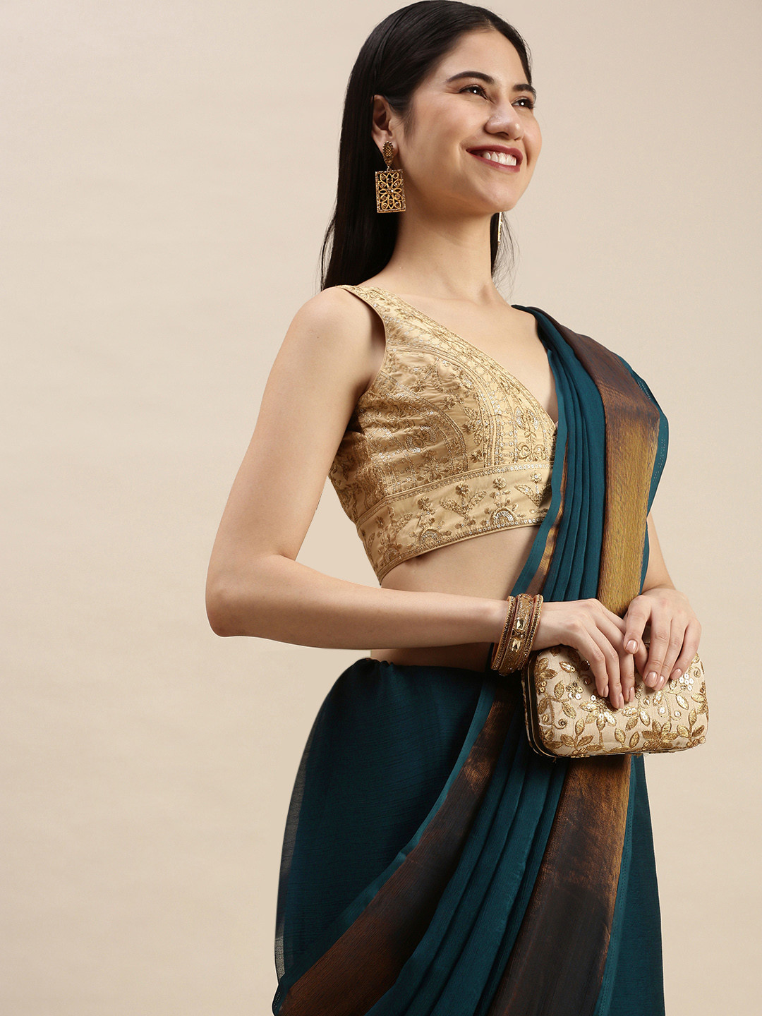 Buy Pothys Teal Green Pure Chiffon Solid Saree Sarees for Women