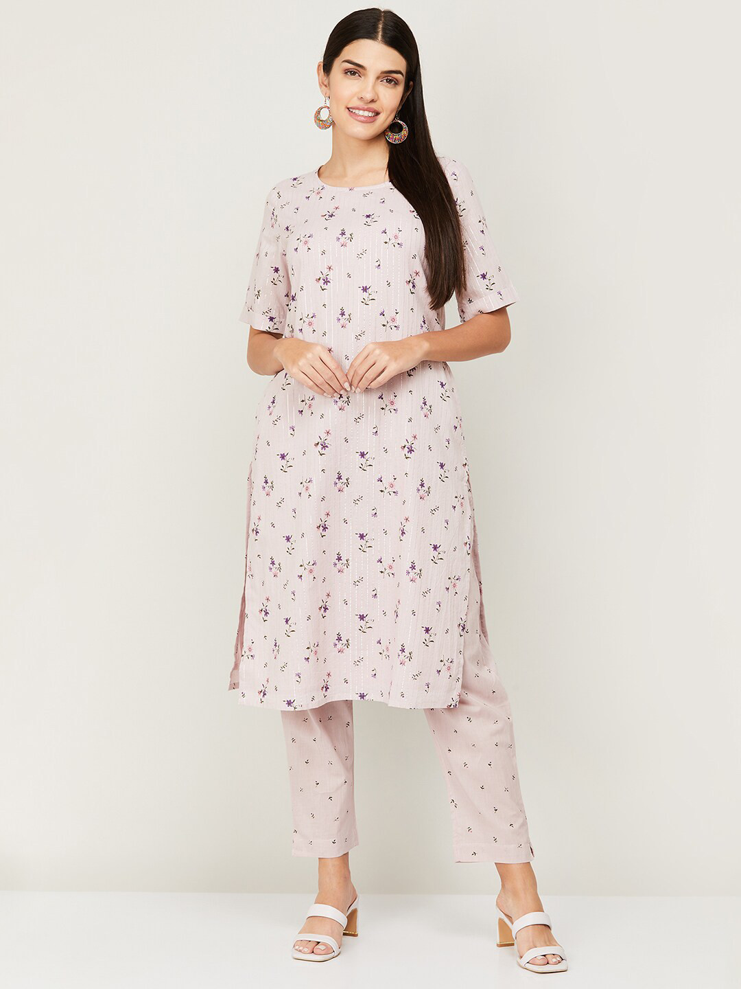 Purple Bloom Cotton Kurta Pant Set with Bold Floral Print main image 1