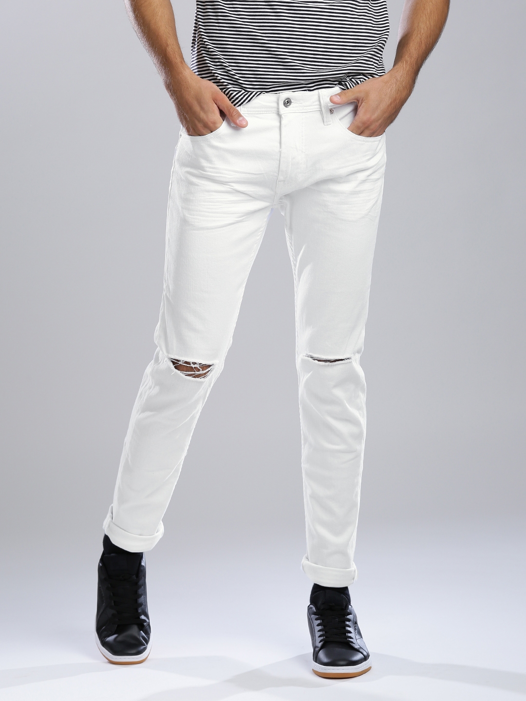 Buy CR7 Men White Super Skinny Fit Low Rise Slash Knee Jeans - Jeans ...