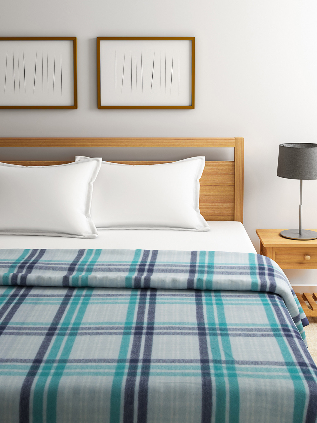 Buy Raymond Home Blue & Grey Checked Wool Mild Winters Double Blanket