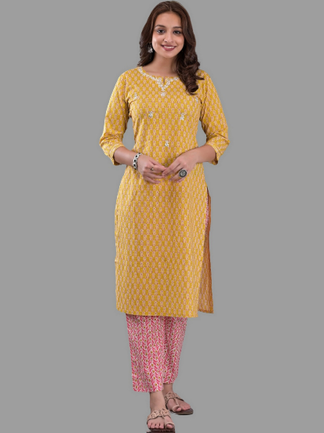 Women Yellow Floral V Neck Kurta With Pencil Pants & Dupatta