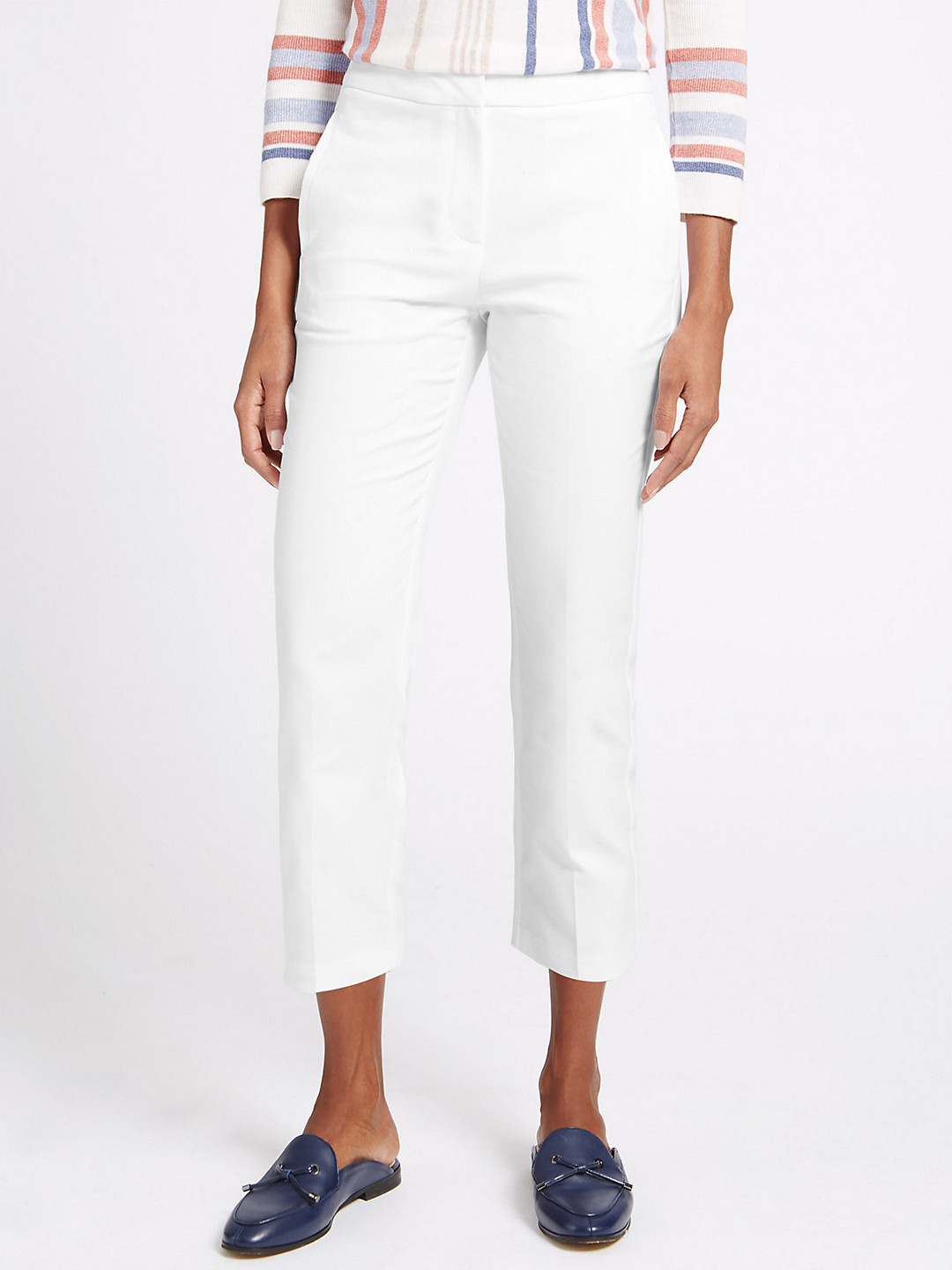 Buy Marks & Spencer Women White Slim Fit Solid Cropped Trousers