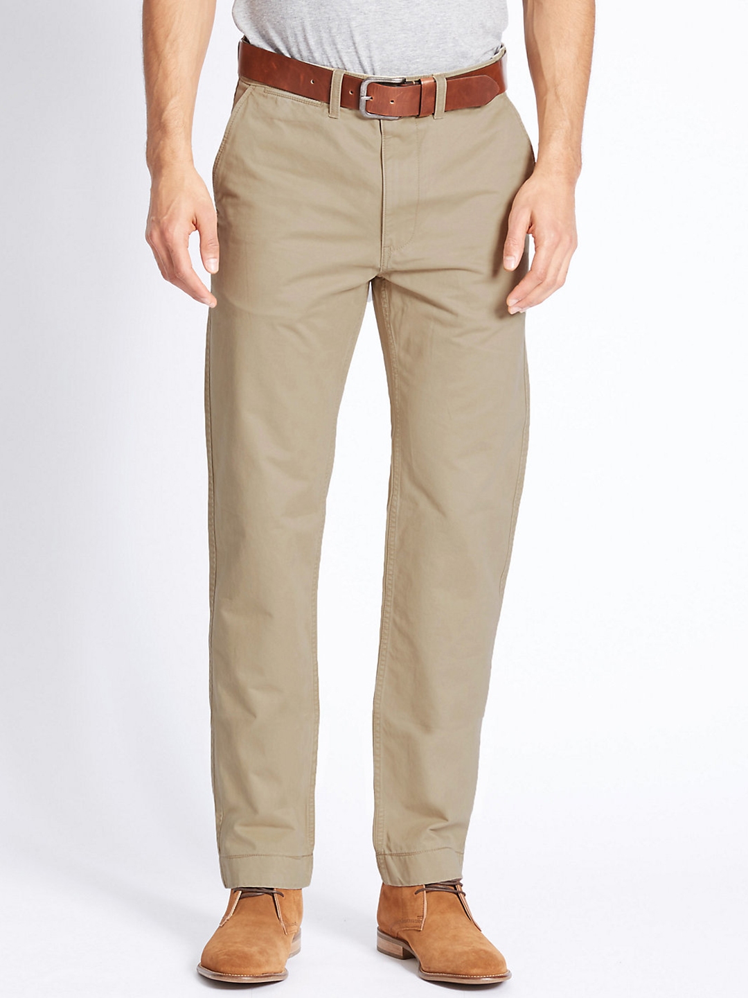 Buy Marks & Spencer Men Beige Straight Fit Solid Chinos With Belt ...