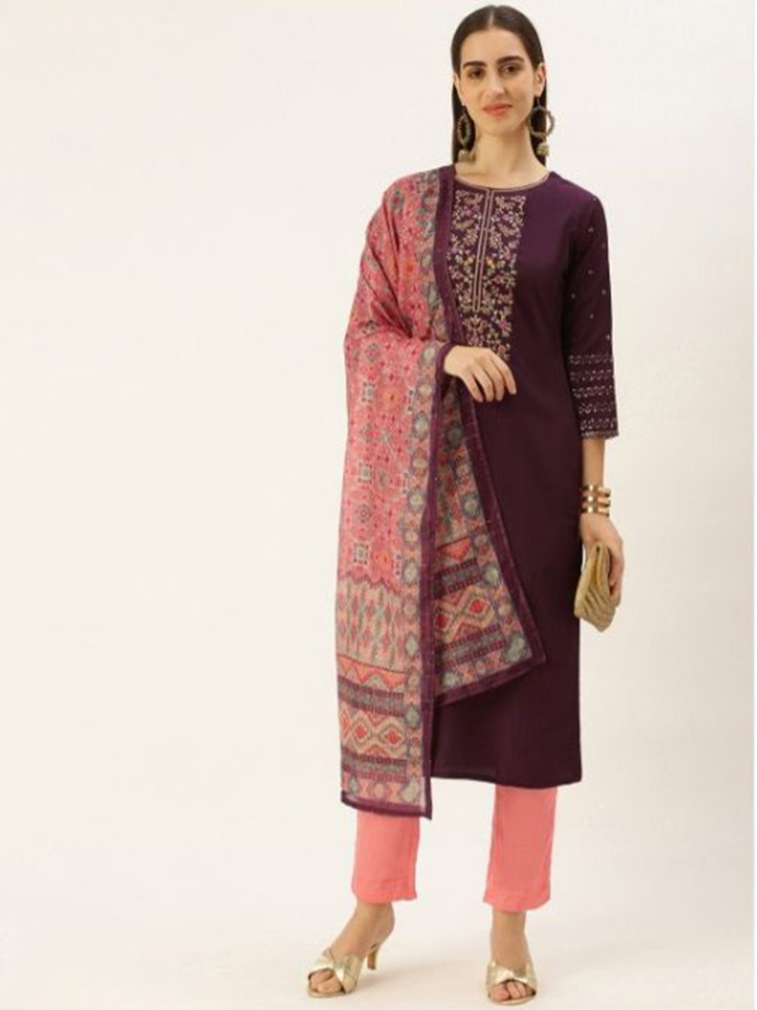 Floral Embroidered Thread Work Pure Cotton Straight Kurta With Trousers & Dupatta
