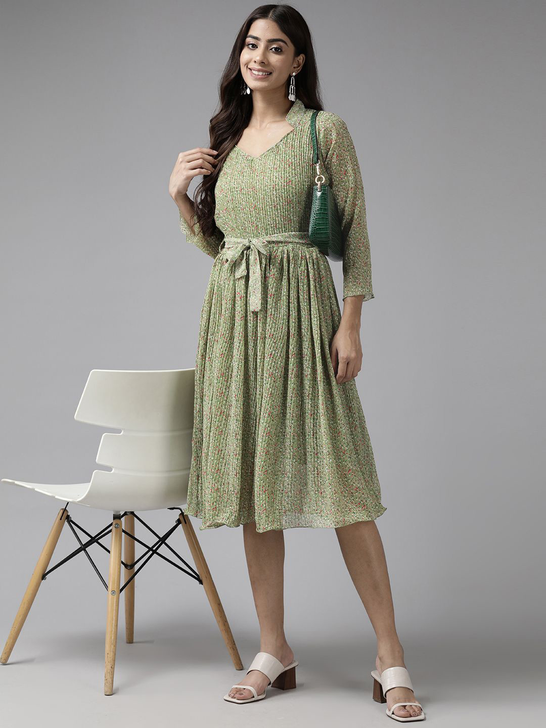 Green Georgette Printed Fit & flare Dress
