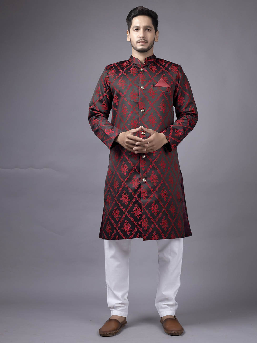 Grey Olive Sherwani Dupion Jecquared  Dhoti