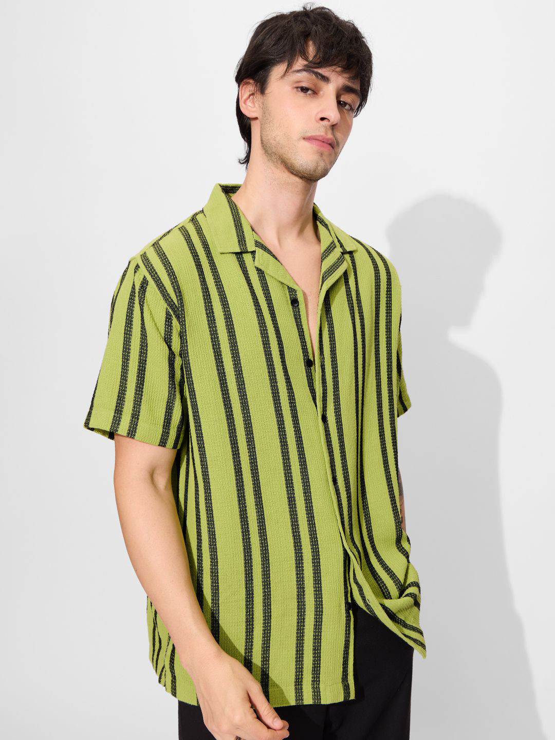 Men's Olive Standard Cuban Collar Vertical Striped Cotton Relaxed Fit Casual Shirt