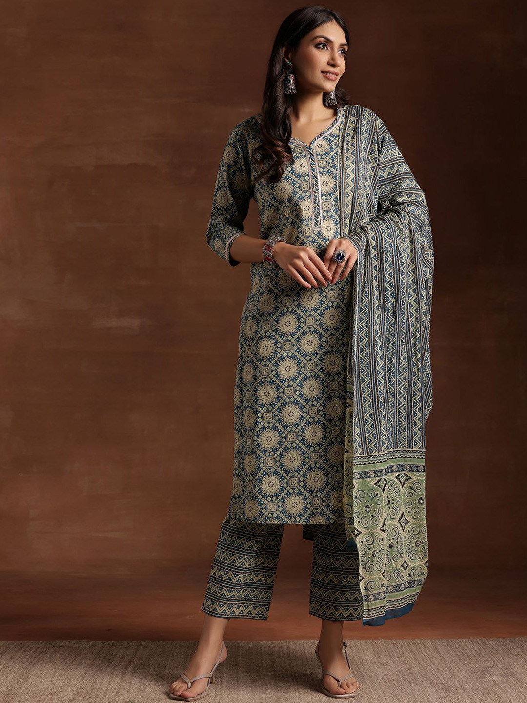 Buy Libas Blue & Beige Ethnic Printed Sweetheart Neck Cotton Kurta With ...