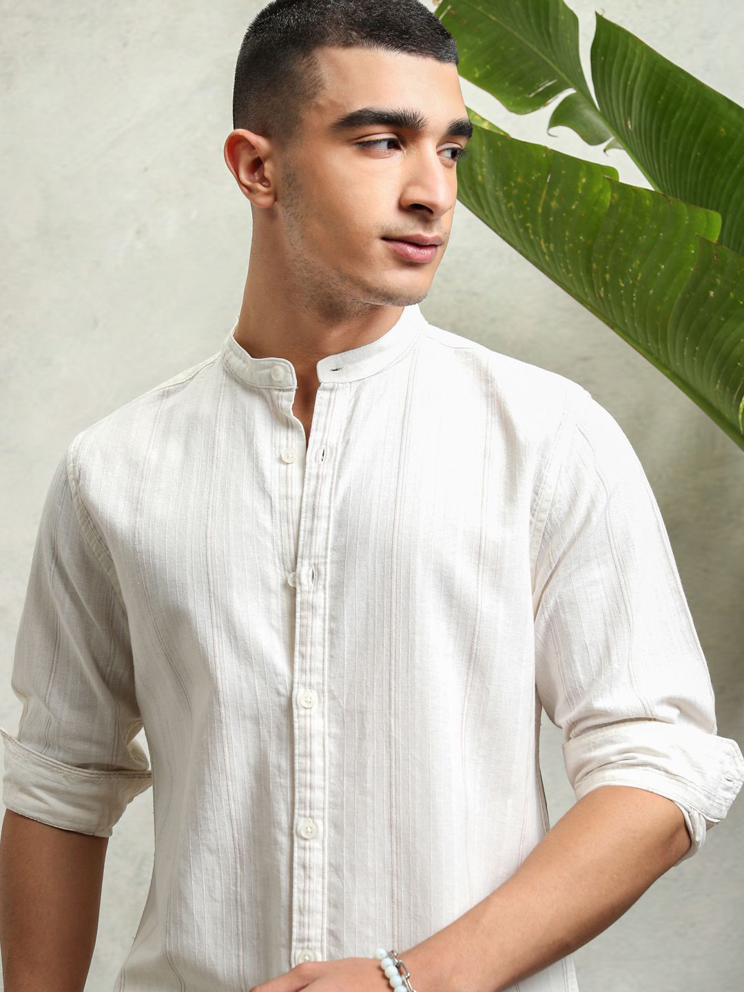 Men's Off White Striped Mandarin Collar Relaxed Fit Casual Shirt
