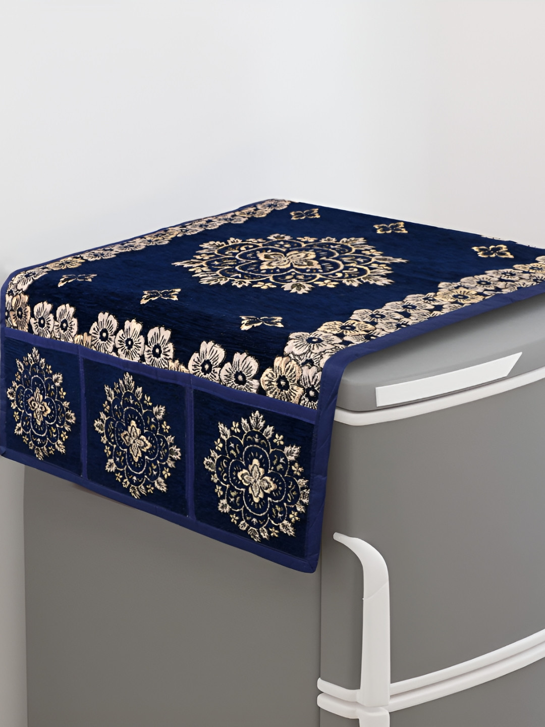 Blue - Hand Block Printing Cotton Fridge Top Cover with Multiple Pockets