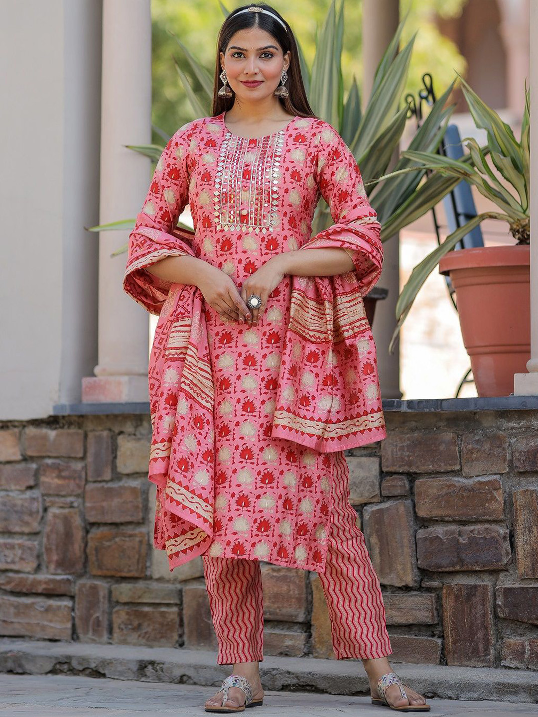 Women Beige Ethnic Motifs Embroidered Mirror Work Kurta with Trousers & With Dupatta
