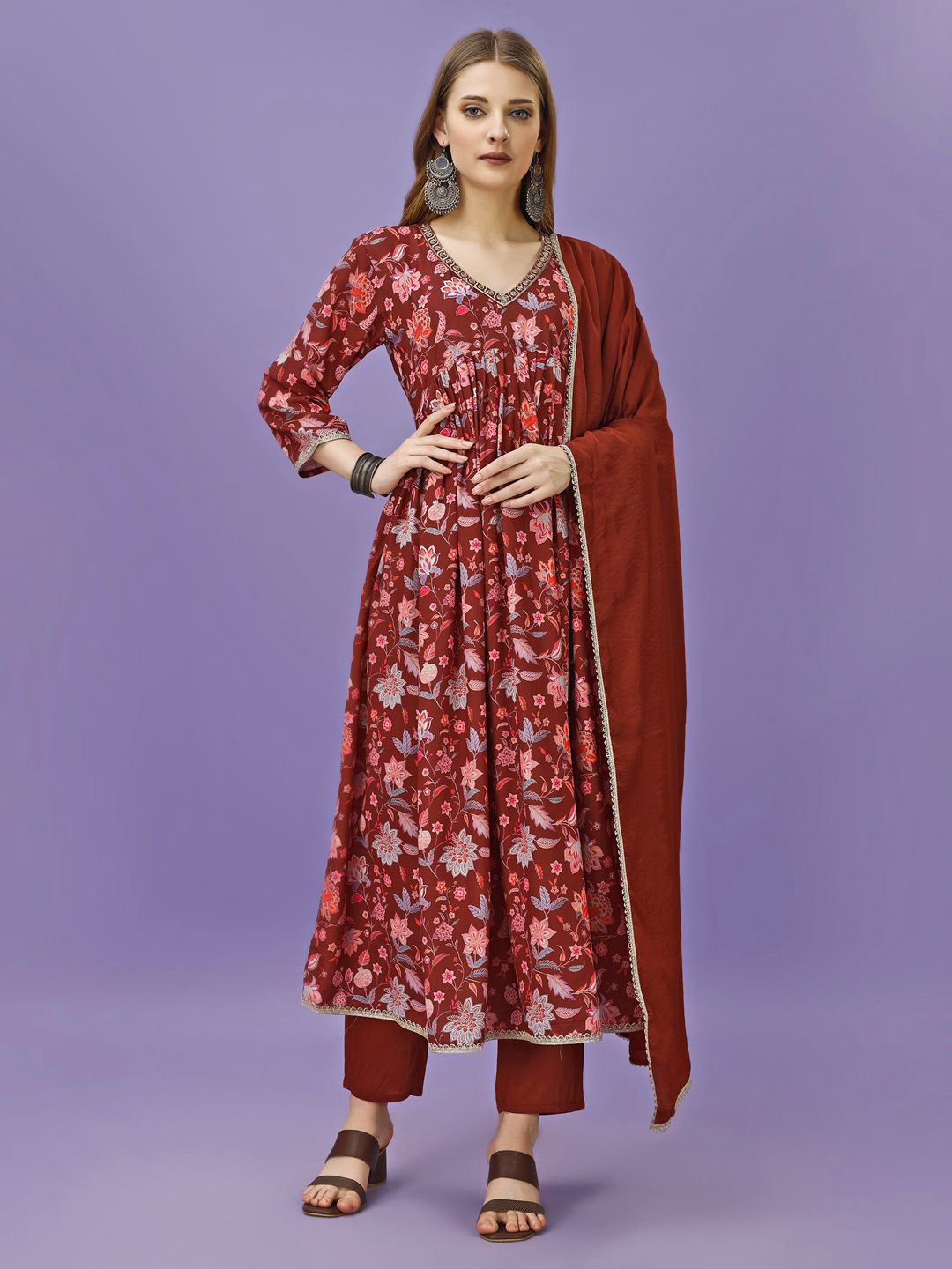 Women Red Multi Color V-Neck Anarkali Kurta