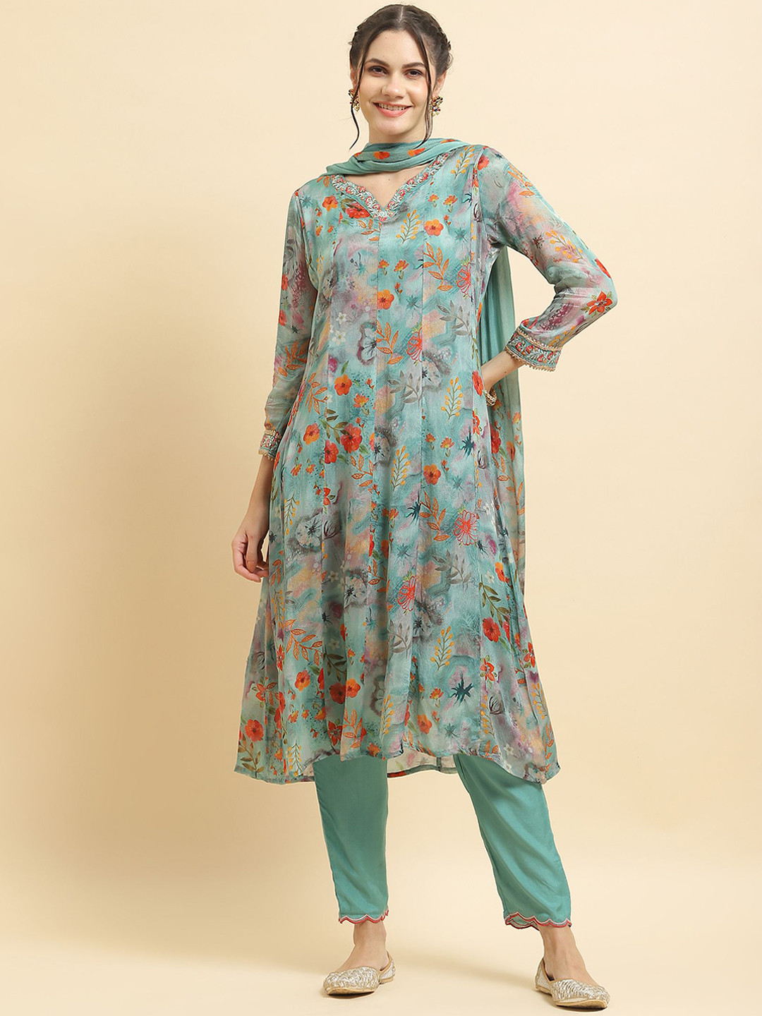 Grey Floral Anarkali Kurta Set with Printed Trousers & Dupatta