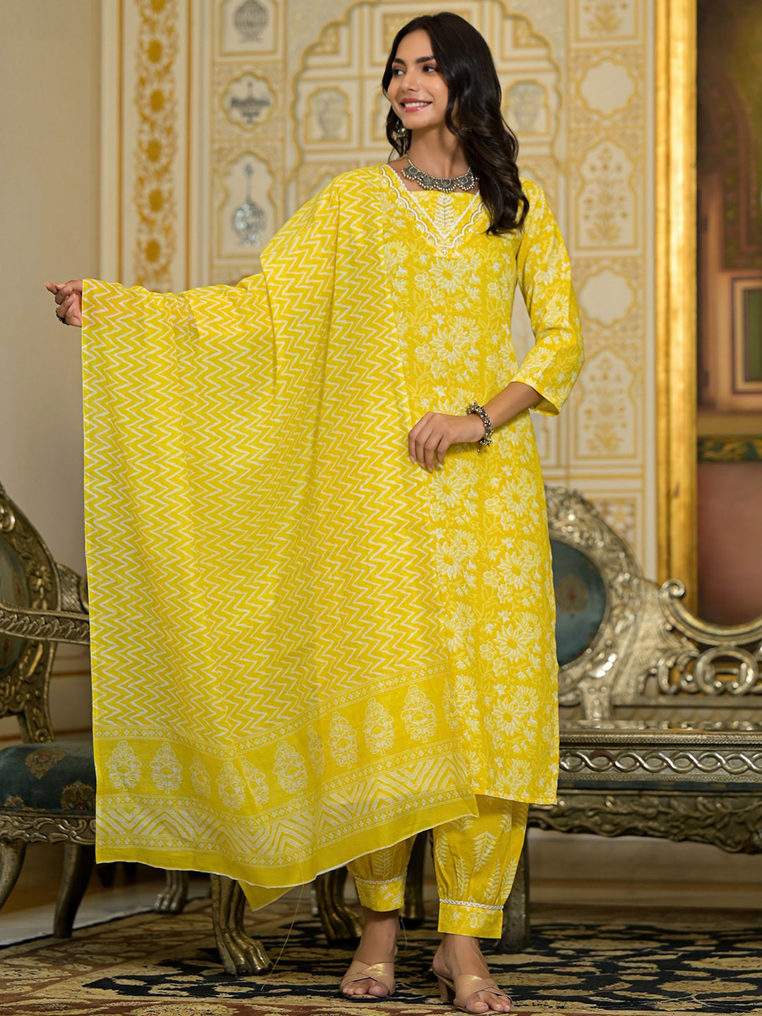 Women Yellow Ornamental Printed Kurta Salwar Dupatta