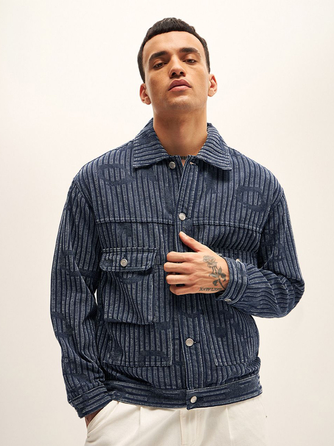 Men's Beige Spread Collar Striped Slim Fit Shacket