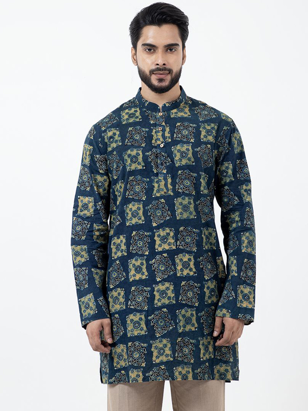 Buy Inkriti Abstract Block Printed Mandarin Collar Pure Cotton Straight ...