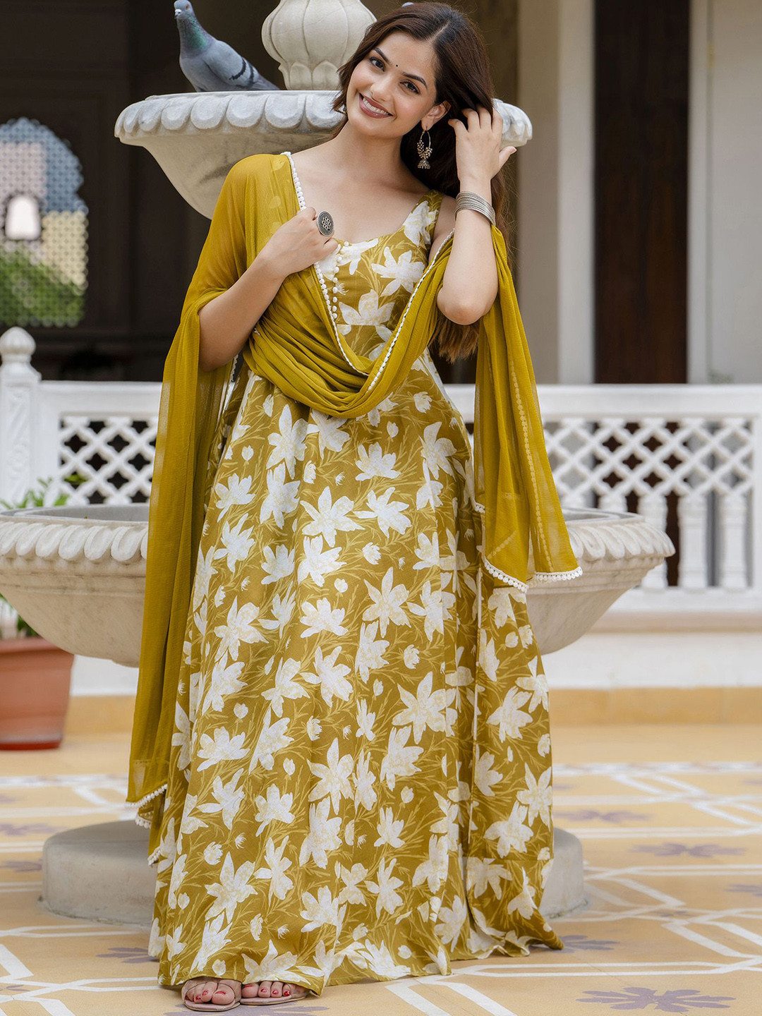 Women Blue Printed 3/4 Sleeve Cotton Anarkali Kurta main image 0