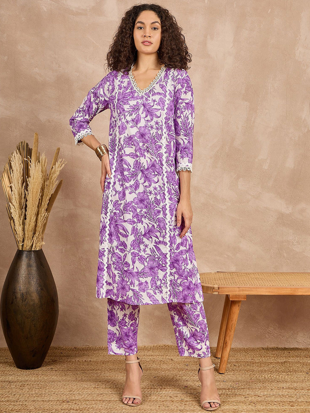 Amfyn Women's Casual 3-4Th Sleeve Floral Printed Chinon Kurti and Pant Set (Purple) main image 0