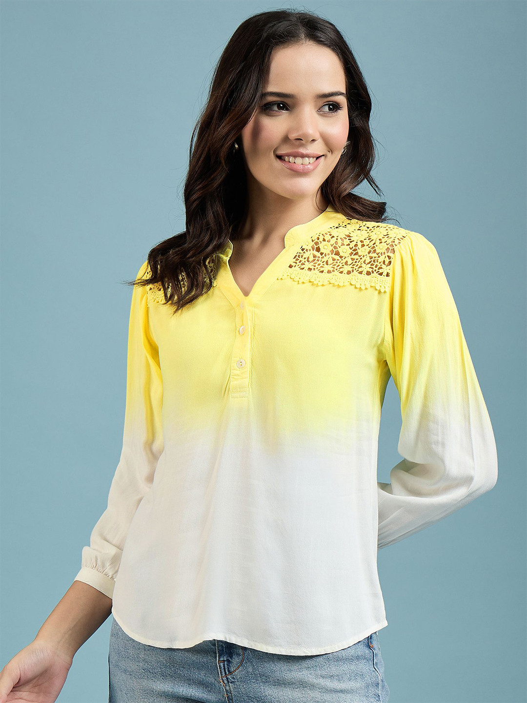 Women's Yellow Mandarin Collar Shirt Style Top