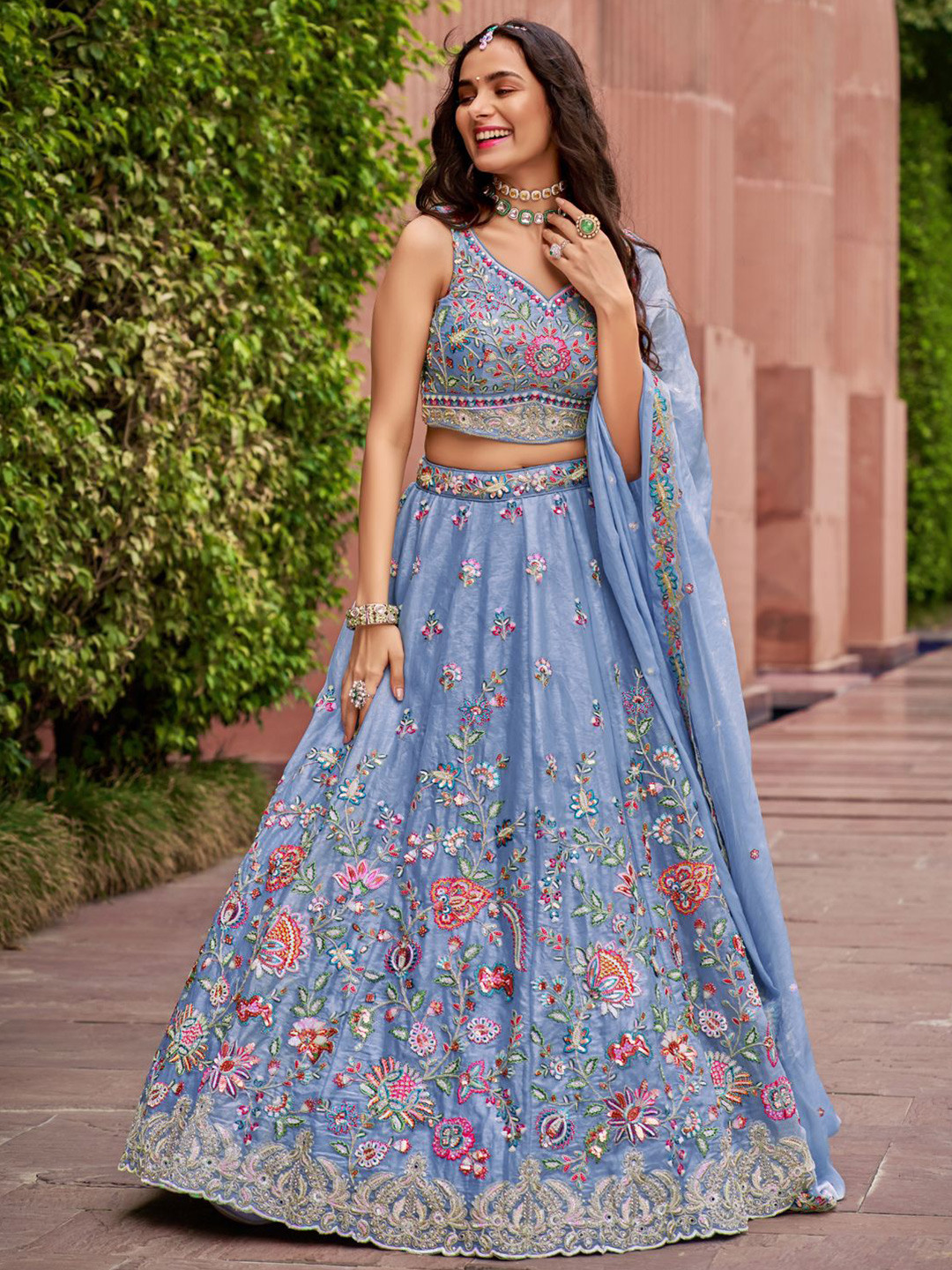 Women Red Embroidered Semi-Stitched Lehenga & Unstitched Blouse With Dupatta