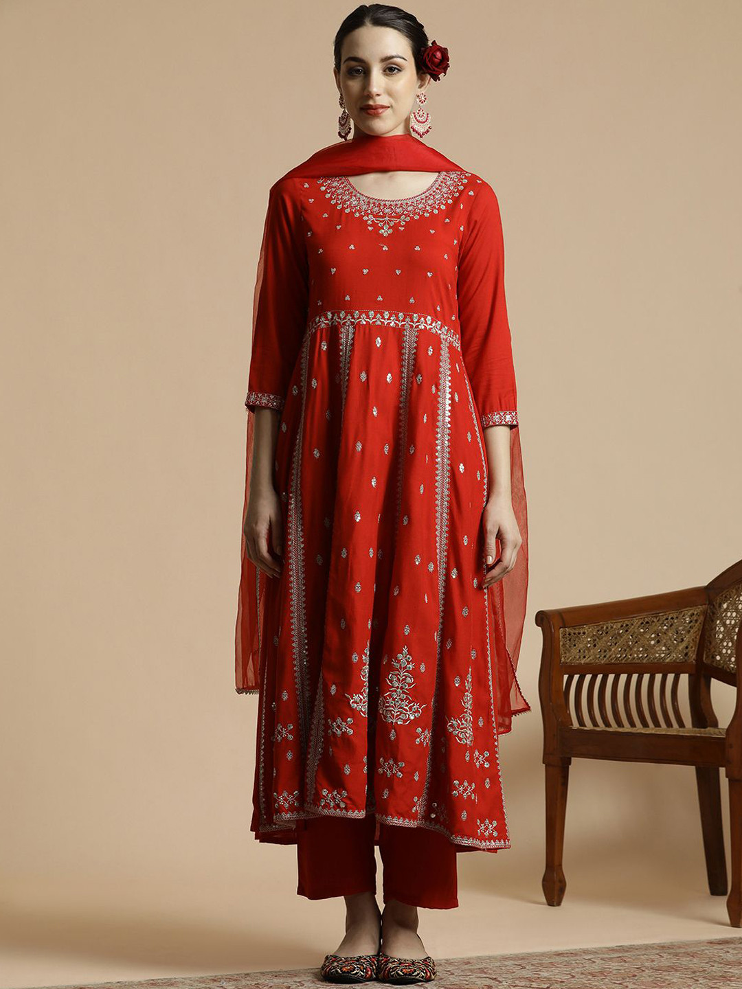 Full-Flared Anarkali Kurta Pant Dupatta Set with Thread and Mirror Work – Sizes 38 to 46 main image 1