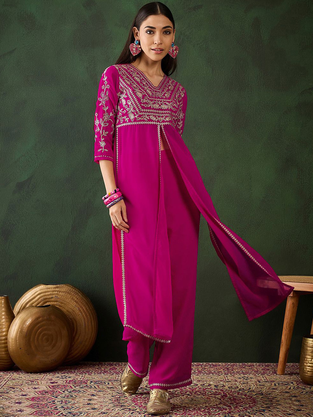 Buy Sangria Alina Cut Floral Yoke Design High Slit Zari Fusion Kurta ...