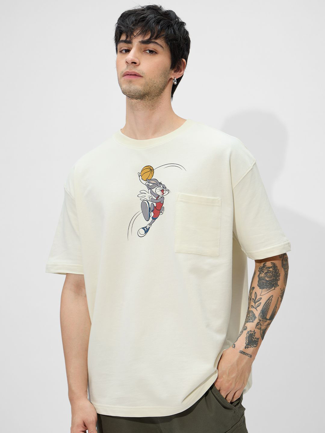 Men's Graphic Print White Short Sleeves Round Neck Oversized T-Shirt