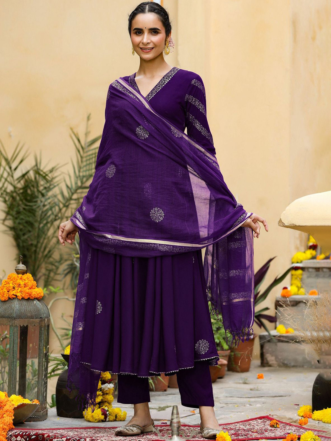 Women's Purple Graphic Anarkali Kurta Set with Dupatta