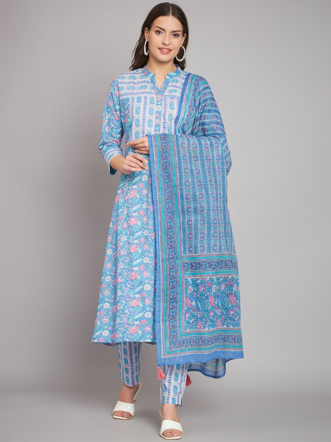 Blue Printed Pure Cotton A-Line Kurta Trousers Set