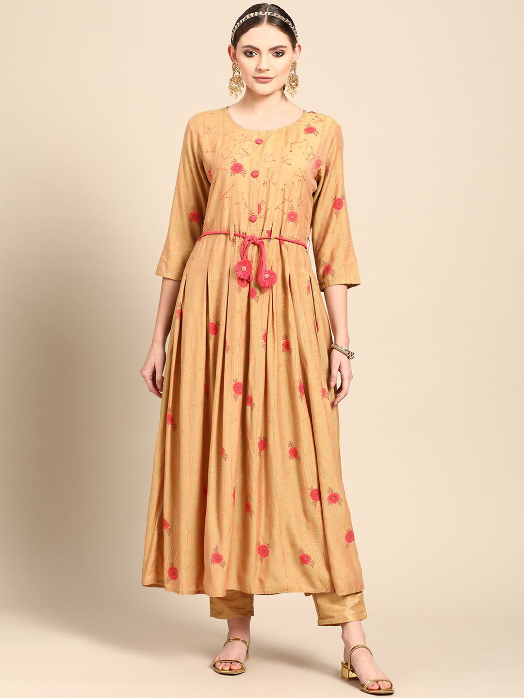 Women's Peach Floral Printed Keyhole Neck Anarkali Kurta